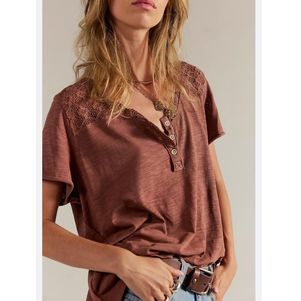 Free People We The Free  Heirloom Henley Short Sleeve Top Lace Brown Medium‎